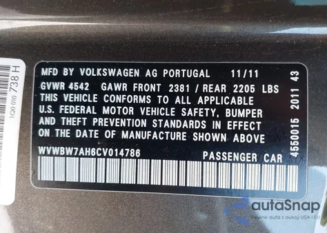 2012 Volkswagen Eos Komfort z USA, uszkodzony, nr VIN WVWBW7AH6CV014786